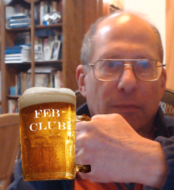 a person holding a virtual beer mug with the words "Feb Club" on the mug