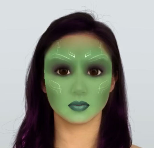 A green virtual mask based on Gamora, from Guardians of the Galaxy