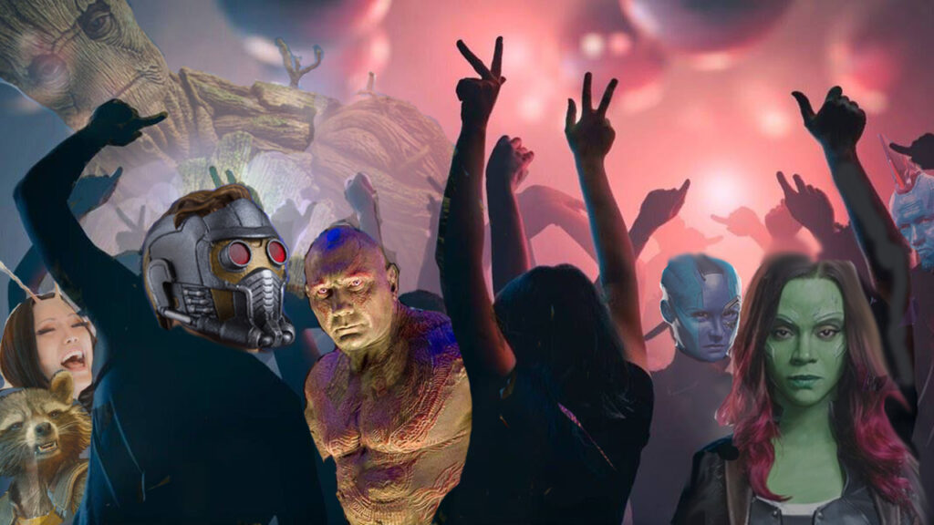 Virtual background of dance party with silhouettes and Guardians of the Galaxy superheroes