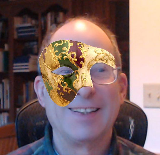 a virtual gilded half mask; gold green and burgandy-purple