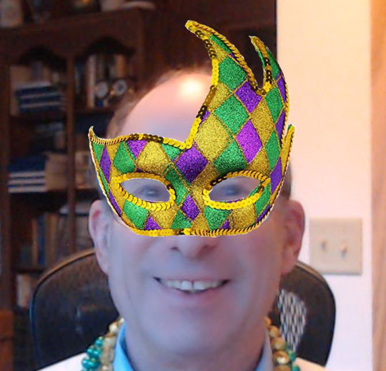 A virtual glitter and sequin Mardi Gras style mask, with purple gold and green glitter