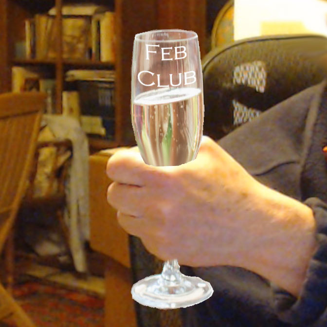 A hand holding a virtual champagne glass with the words "Feb Club" on the glass