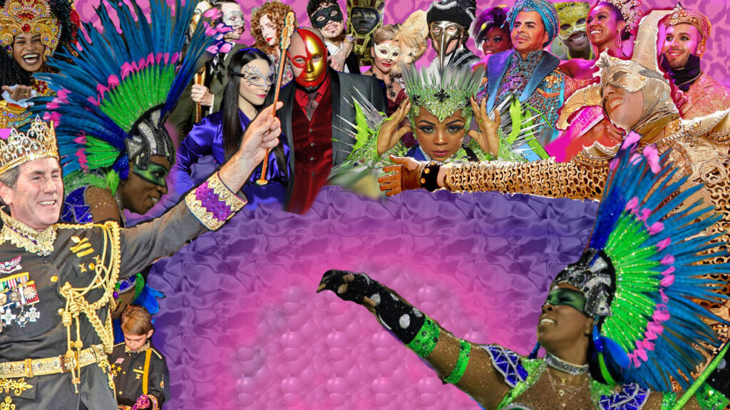 Virtual background filled with people in colorful costumes based on Carnival, Mardi Gras, or Purim events.