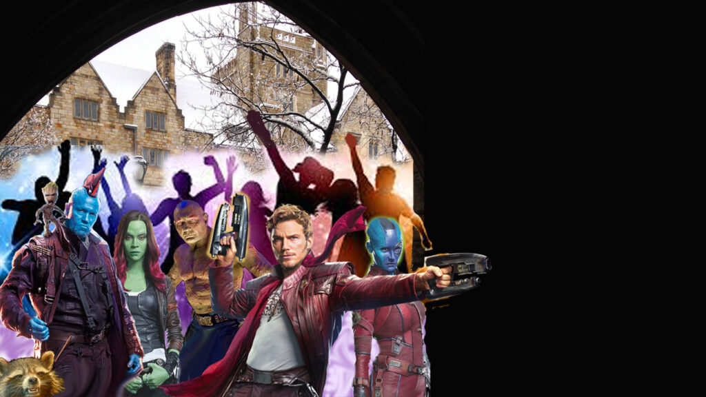 Virtual background with Guardians of the Galaxy superheroes at a dance party in a Yale entryway; superheroes in the foreground, dancer silhouettes in the background