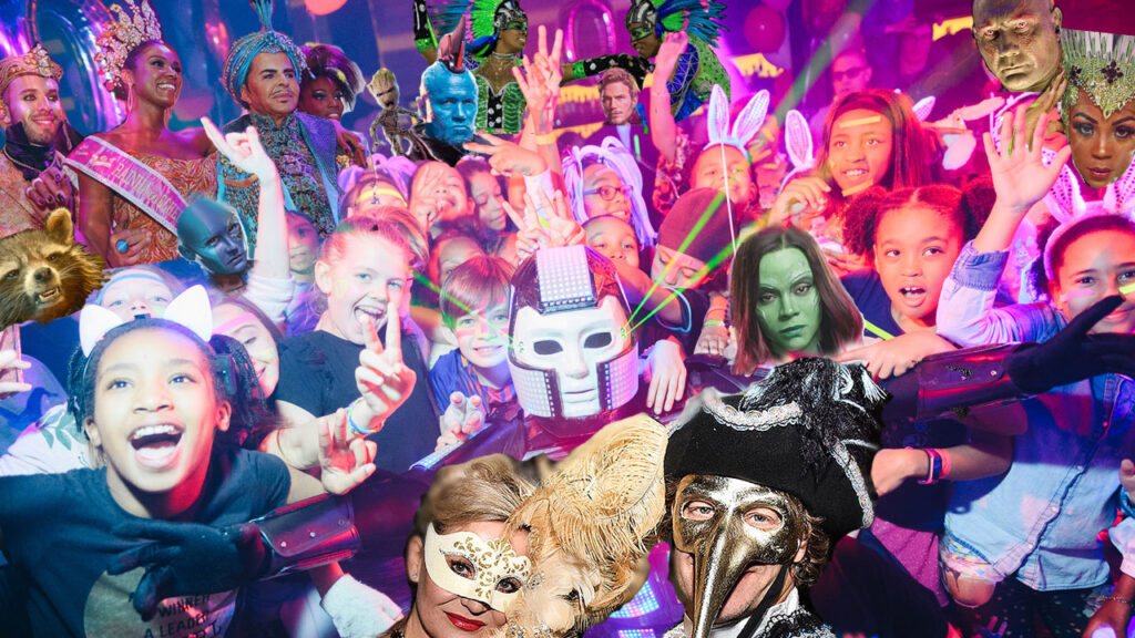 Virtual background with young party goers, costumed revelers and Guardians of the Galaxy superheroes