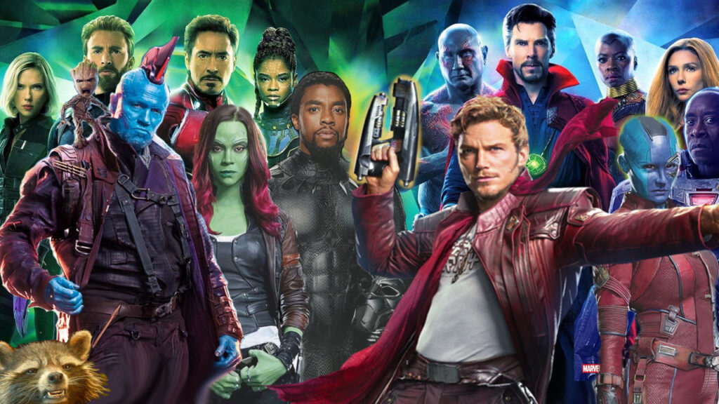 Virtual background with lots of Marvel superheroes including Guardians of the Galaxy