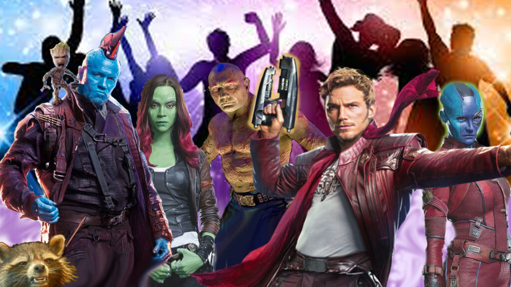 Virtual background with Guardians of the Galaxy superheroes at a dance party; superheroes in the foreground, dancer silhouettes in the background